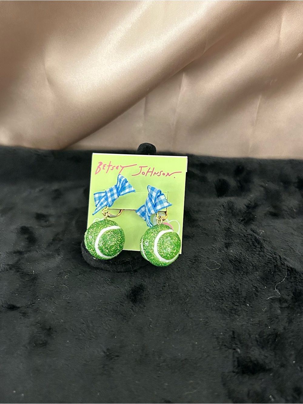 Betsey Johnson Green Glitter Tennis Ball Earrings with Blue Bow